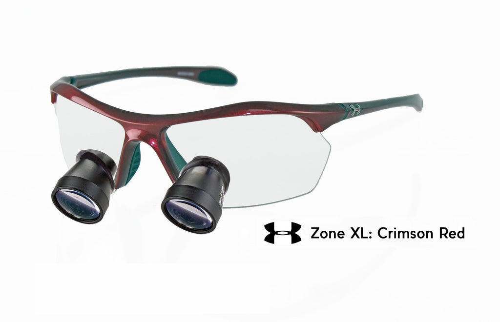 Crimson Red Color Under Armour Zone XL Frame - Please note that this is a Small-Medium Sized Frame. TTL Surgical Loupe 2.5x Expanded Field Optics with a wide field of view.